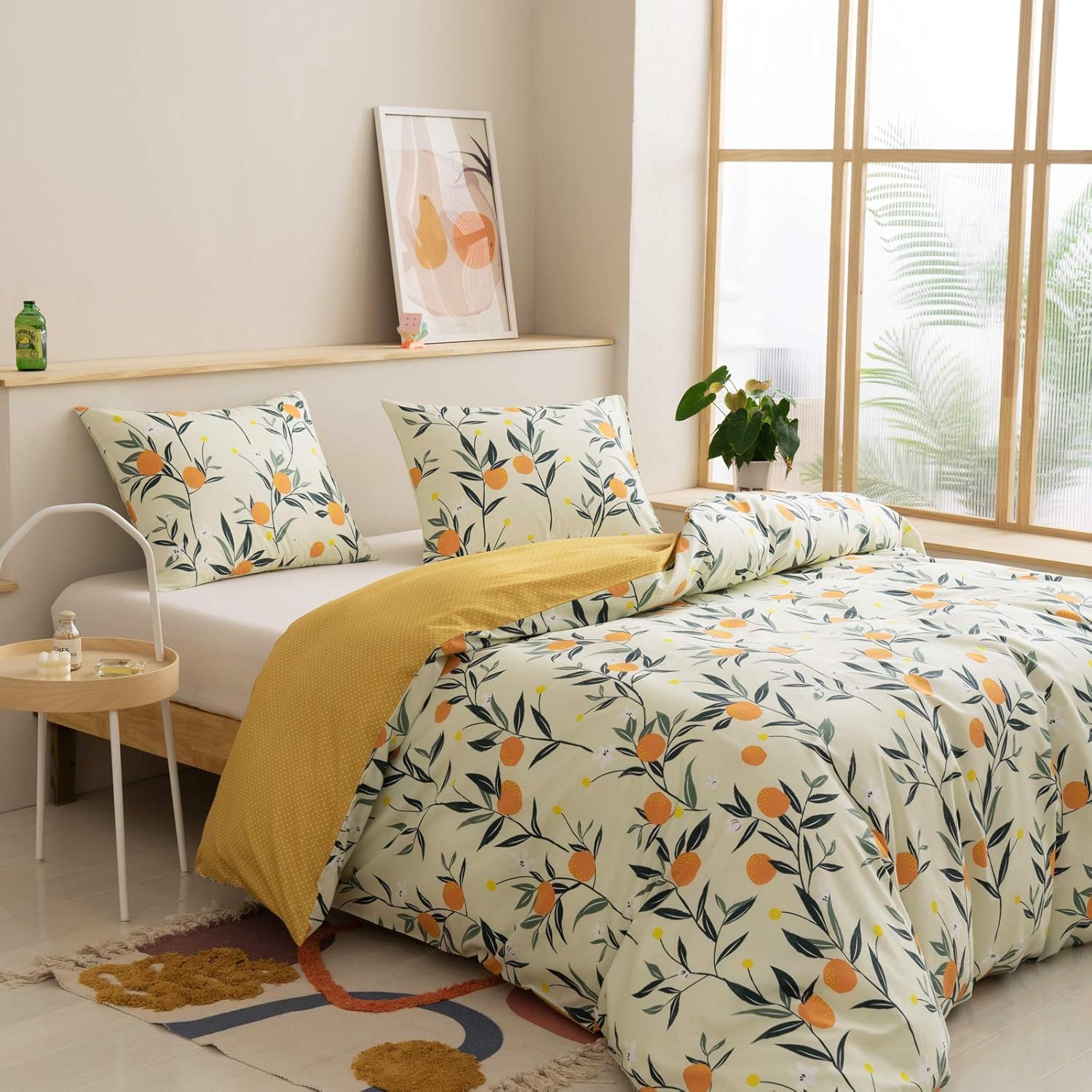 HoneiLife Duvet Cover Queen Size - 100% Cotton Comforter Cover Floral Duvet Cover Sets, Orange Duvet Cover with Zipper Closure & Corner Ties, 3pcs Wrinkle Free Comforter Cover Sets-Fruit: Home & Kitchen