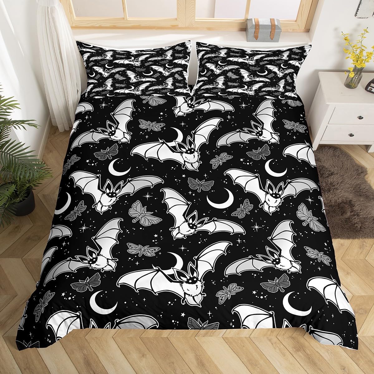 Bat Duvet Cover Set Halloween Bedding Set for Kids Boys Girls Butterfly Comforter Cover Set Microfiber Black White Bedspread Cover Bedroom Bedclothes Double
