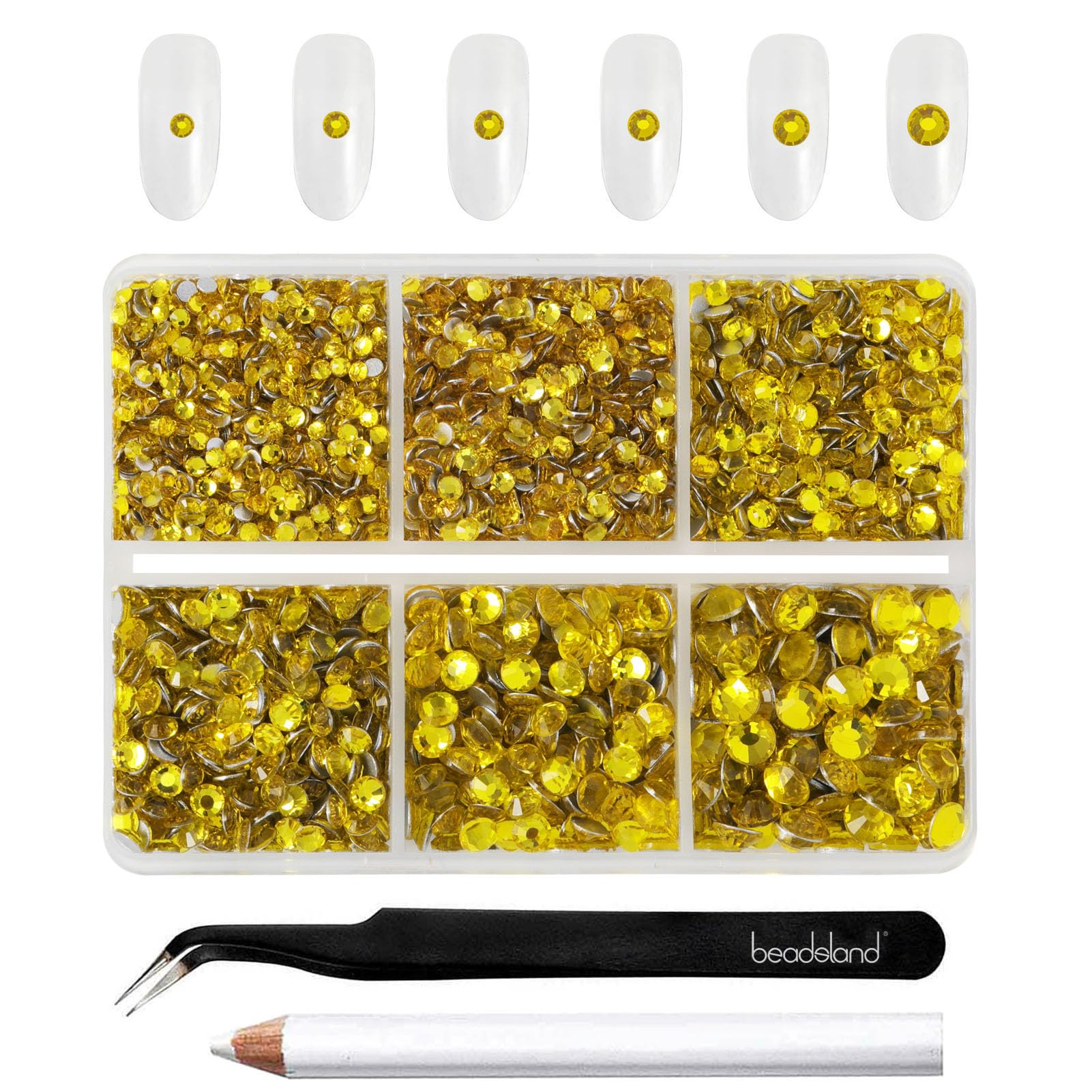 Beadsland 4300pcs Flatback Rhinestones,Yellow Rhinestones Nail Gems Round Crystal Rhinestones for Crafts,Mixed 6 Sizes with Picking Tweezers and Wax Pencil Kit, SS6-SS20,Citrine/Lemon Yellow