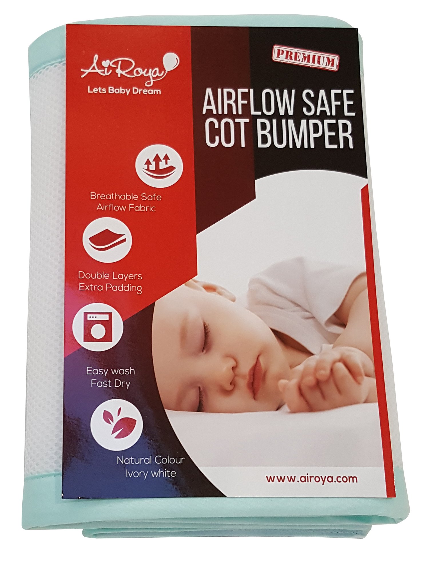 AiRoya® Premium 2-Sided Cot Bed Bumper, Double Layers for Extra-Padding, Ideal for Solid Ends Slatted Cots, BS EN 16780 Safety Standard Compliance, Breathable Safe Cot Liner (Mint Green)