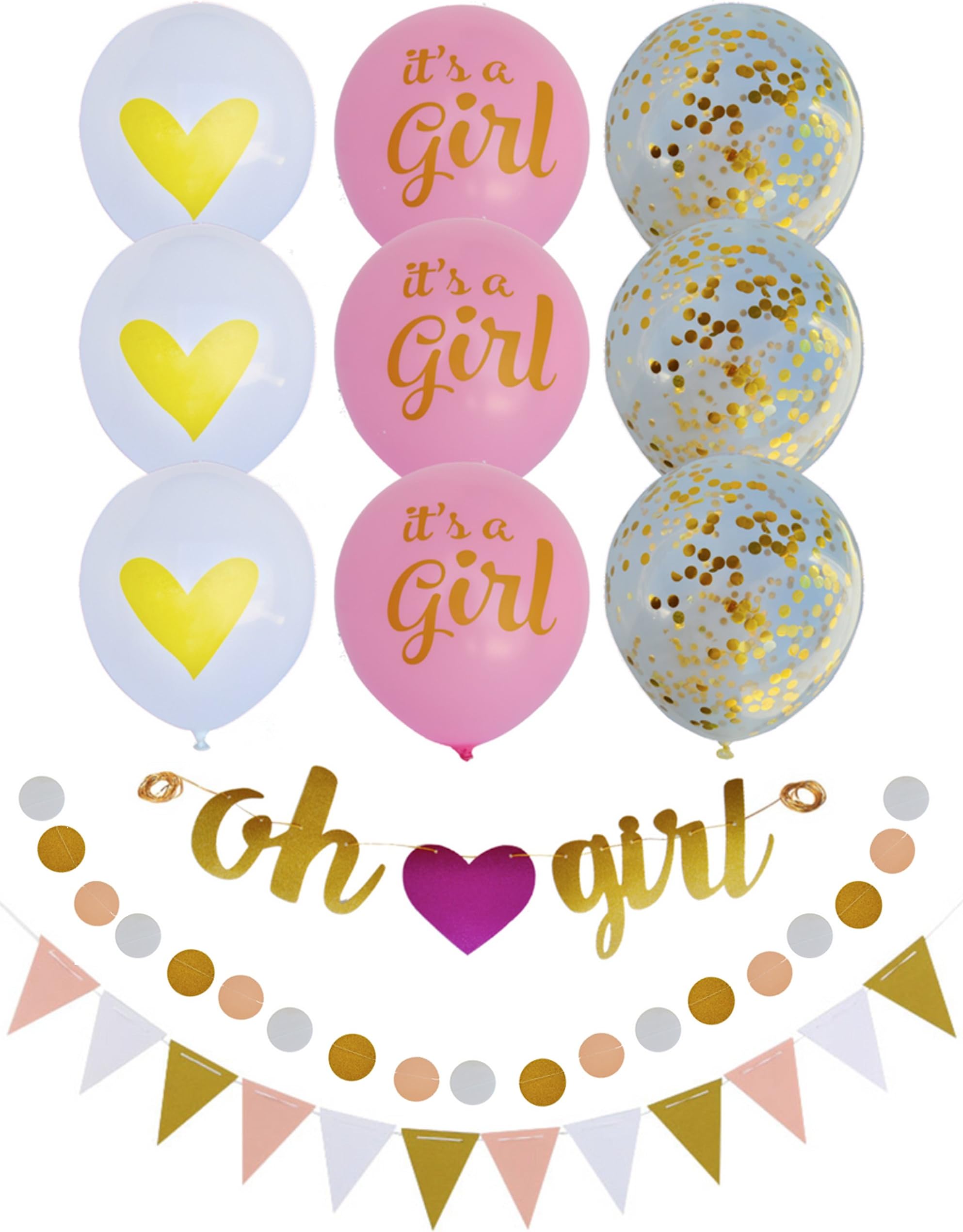 Baby Shower Decorations for Girl Pink and Gold Theme: OH Girl Banner, Glitter Bunting Banner, Polka Dot Garland, 9 Balloons: It’s a Girl, Heart, Gold Confetti + Ribbon | Matching Party Decor