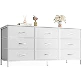 Huuger 9 Drawer Dresser, 47 Inch TV Stand for 50, 55 Inch TV, Entertainment Center with Drawers, Fabric Dresser Chest of Drawer for Bedroom, Closet, PU Leather Surface, White