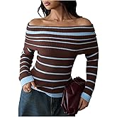 OYOANGLE Women's Striped Off The Shoulder Sweater Long Sleeve Fitted Knit Sweaters Y2K Pullover Tops