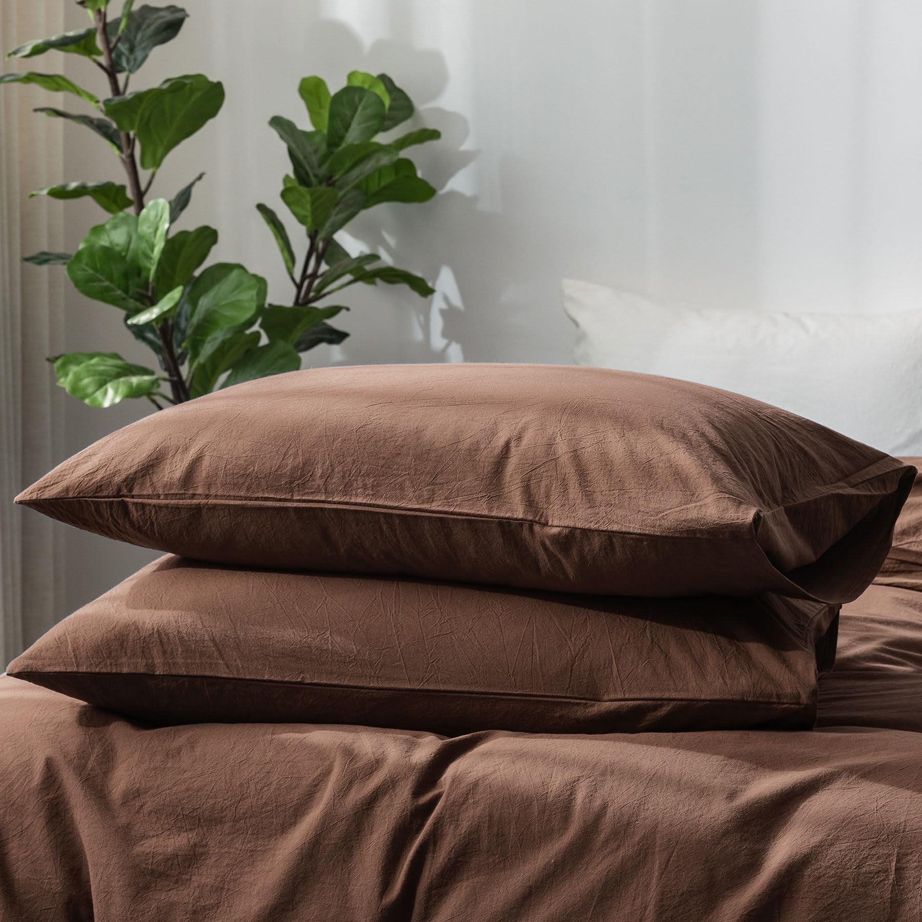 Photo 1 of MooMee Bedding Pillowcases Pack of 2 100% Washed Cotton Linen Like Textured Breathable Durable Soft Comfy (Solid Cocoa Brown, Queen)