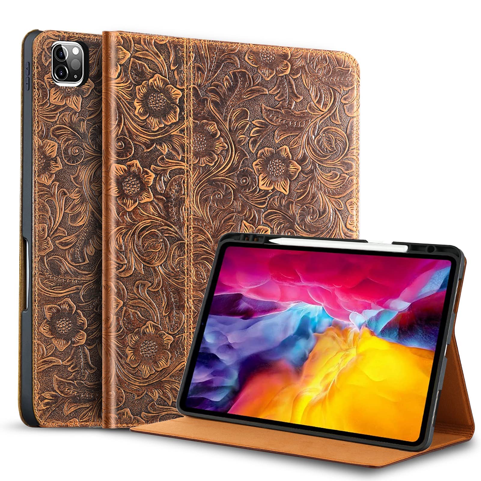 Gexmil for iPad Pro 11 Inch Case 2022/2021/2020/2018(4th/3rd/2nd/1st Generation) with Pencil Holder,Auto Wake/Sleep,Genuine Leather Case with Stand,Flower Brown