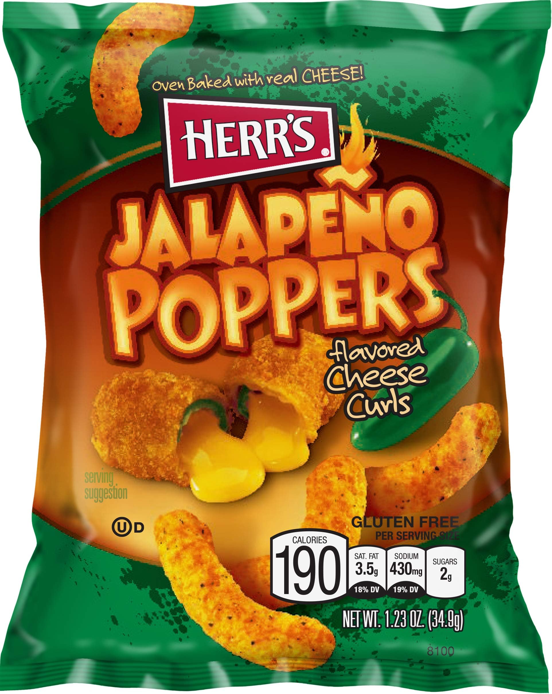 Herr Foods Jalapeno Poppers Cheese Curls, 1.23 Ounce -- 30 per case.