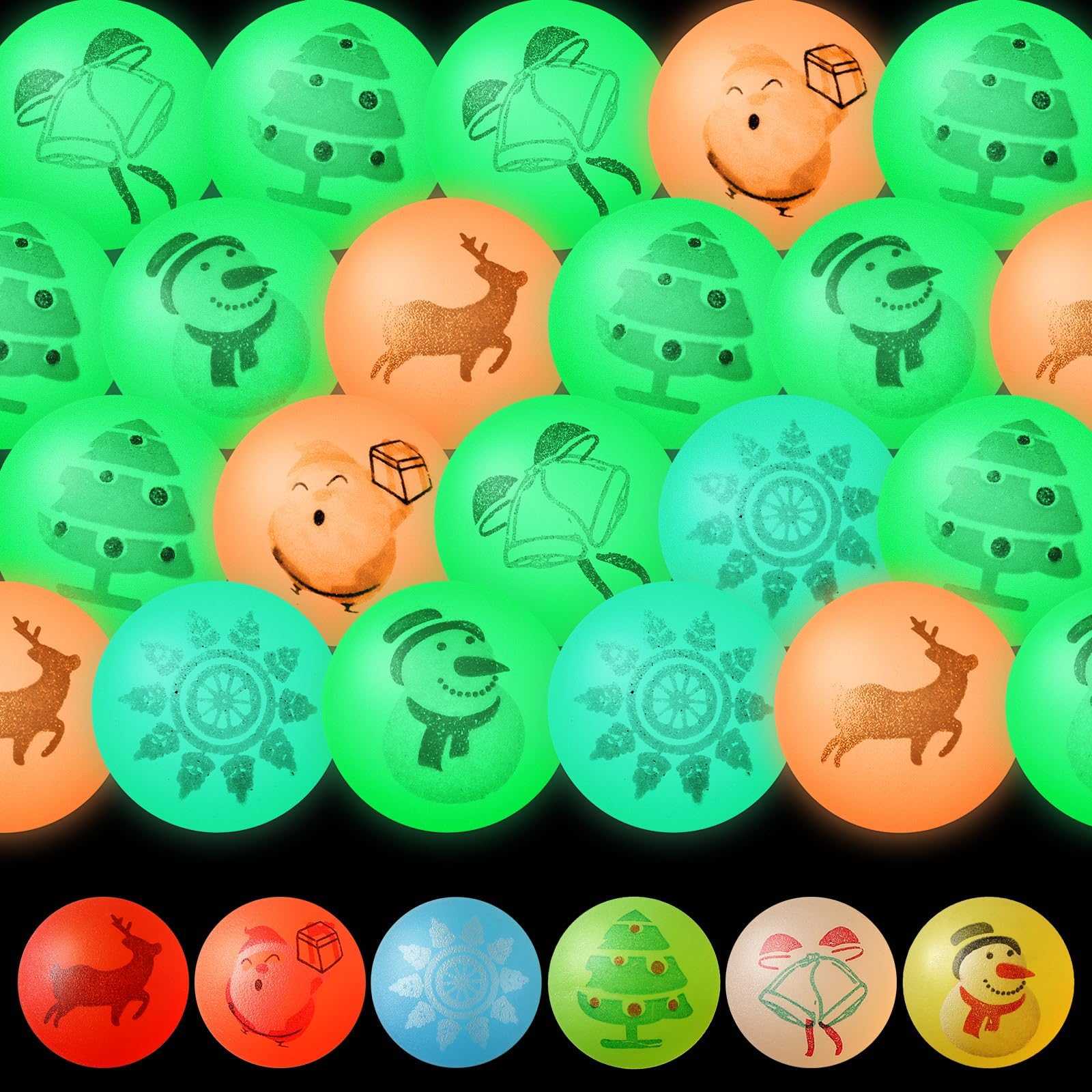 Augshy Christmas Luminous Bouncy Balls, 24Pcs Glowing in Dark Rubber Balls for Party Favors, School Games