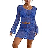 Bsubseach Crochet Coverups for Women Two Piece Swimsuit Cover Up Hollow Out Knit Skirt Set Beach Outfits with Drawstring