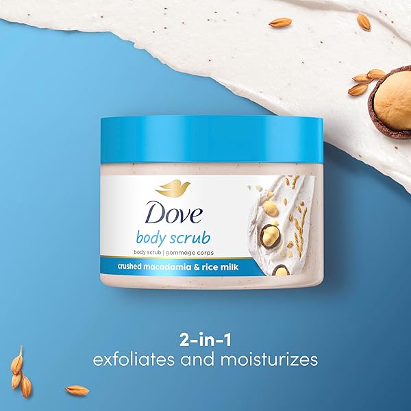 DOVE SCRUB MACADAMIA & RICE MILK REVEALS VISIBLY SMOOTHER SKIN BODY SCRUB THAT NOURISHES SKIN 10.5 OZ