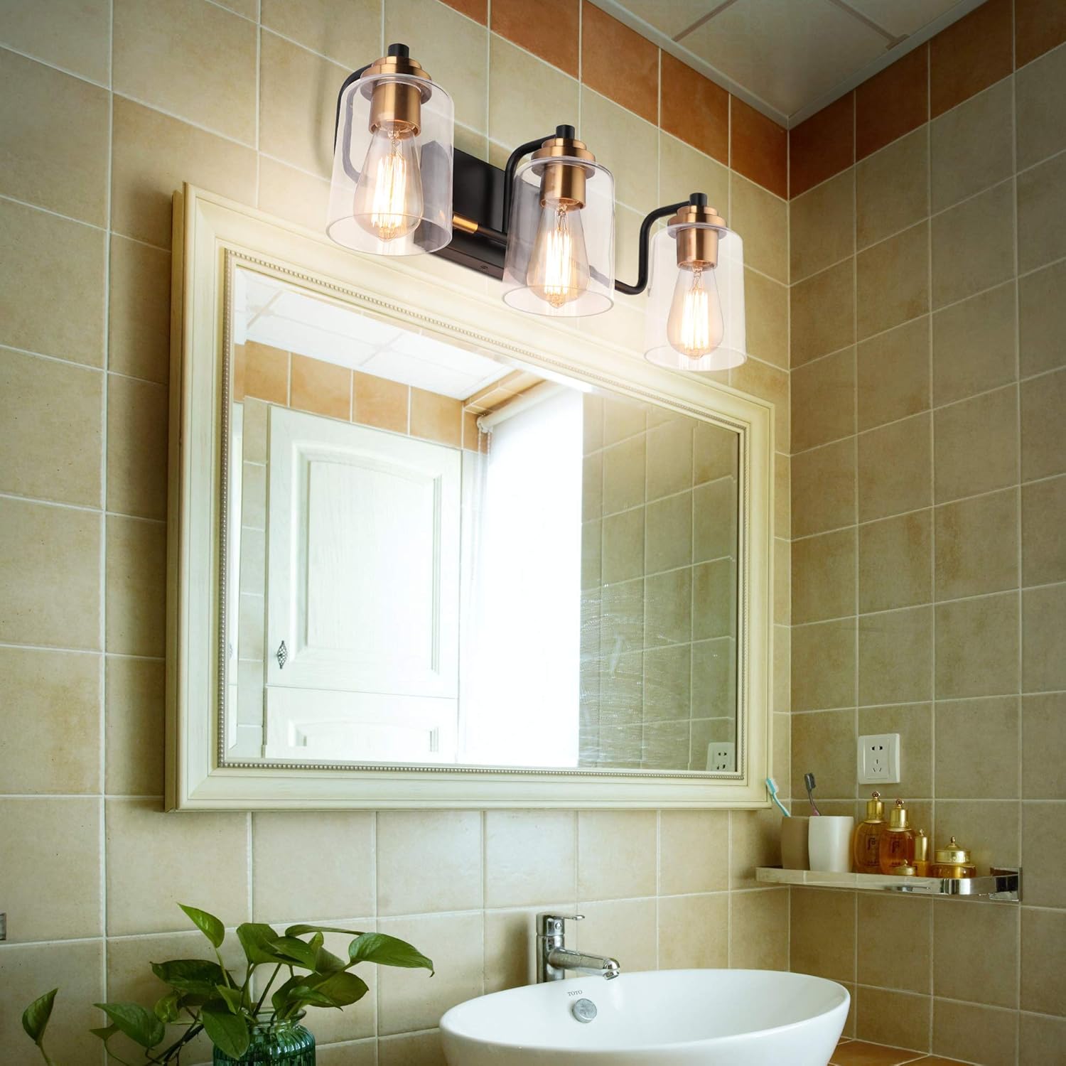 SOLFART 3 Head Vintage Bath Vanity Light Wall Decor Bathroom Over Mirror Modern Glass Shade Light Fixtures (3 Lights-Exclude Bulb) - - 