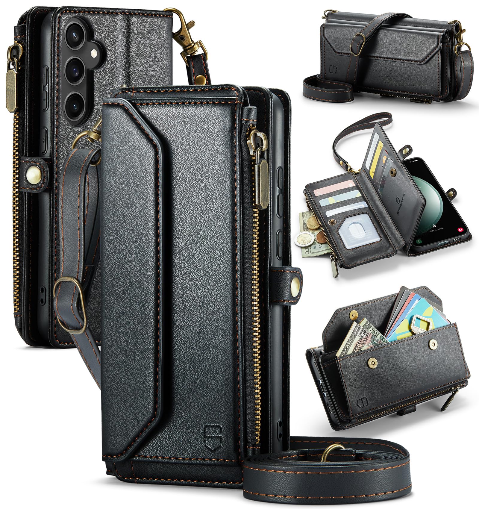 Strapurs Crossbody Wallet Case Compatible with Samsung Galaxy S23 FE 5G RFID Blocking 10-Card Holder Soft PU Leather Magnetic Snap Strap Zipper Pocket Phone Case Fit for Galaxy S23 FE 6.4" - Black