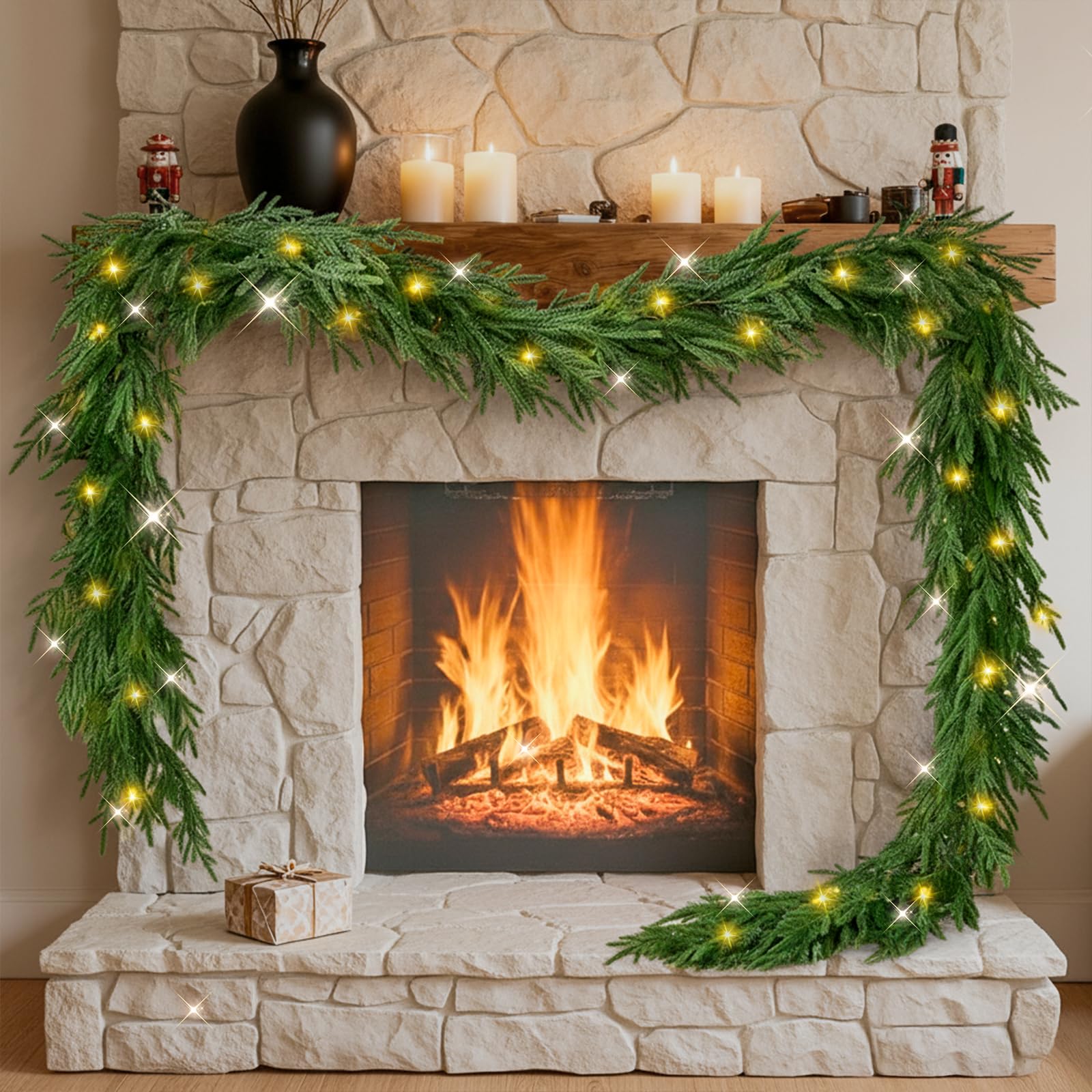 Photo 1 of Lighted Norfolk Pine Garland 9FT Spring Garland with Lights, Pre-Lit Spring Garlands for Mantle Stairs Railing Fireplace, Artificial Battery Operated Greenery Garlands Xmas Decor Indoor