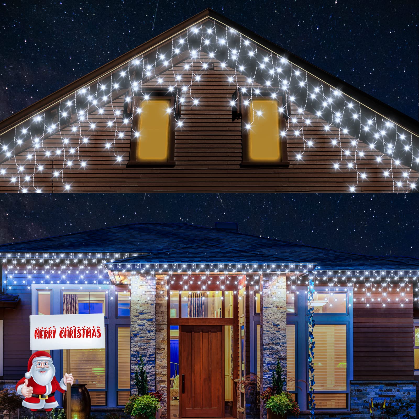 cshare Icicle Lights Outdoor, 15M 360LEDs Icicle Christmas Lights Mains Powered with Timer & Waterproof &Memory Hanging Fairy Light for Outside House Gutter Roof Wall Xmas Decorations-Cool White