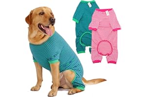 LEVIBASIC Dog Pajamas Cotton Striped Pup Jumpsuit, Breathable 4 Legs Basic Pjs Shirts for Puppy and Cat, Super Soft Stretchable Dog Jammies for Boys and Girls (X-Large, Pink+Green)