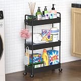 SOLEJAZZ 3-Tier Slim Rolling Storage Cart Black Plastic Stainless Steel