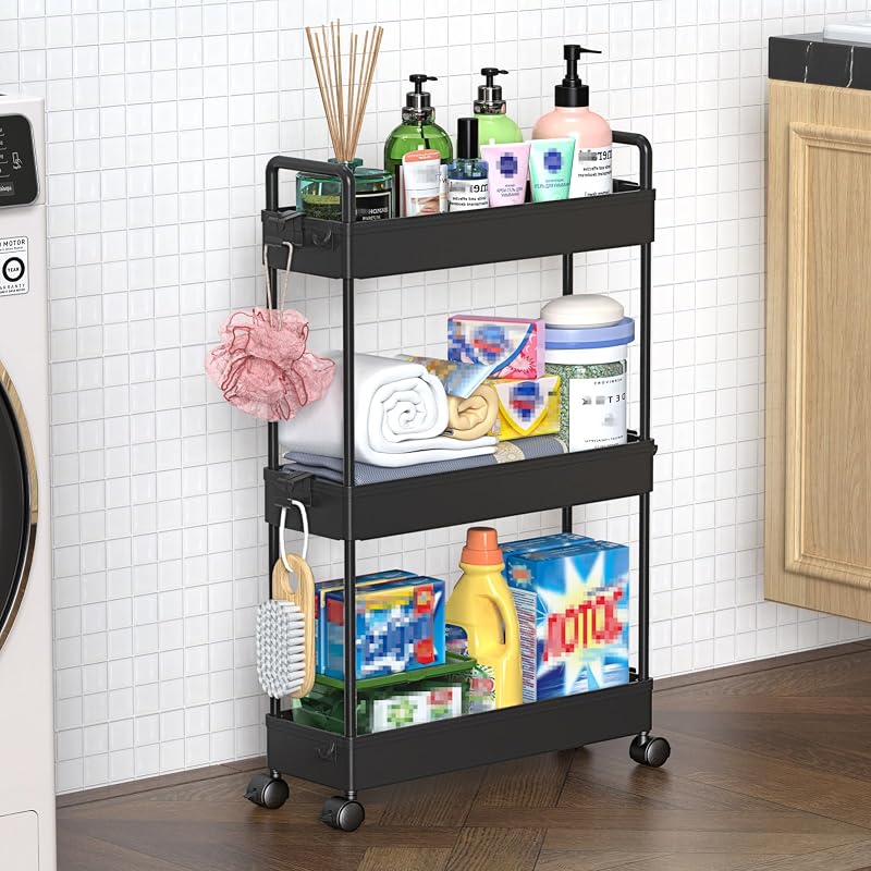 SOLEJAZZ 3-Tier Slim Rolling Storage Cart Black Plastic Stainless Steel
