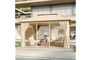 Aoxun 10'x12' Outdoor Patio Gazebo, Heavy Duty Party Tent with Wind-Resistant Ropes, Metal Frame Canopy with Mosquito Nettings and Privacy Screens for Backyard, Deck,Garden, Lawn, (Beige)