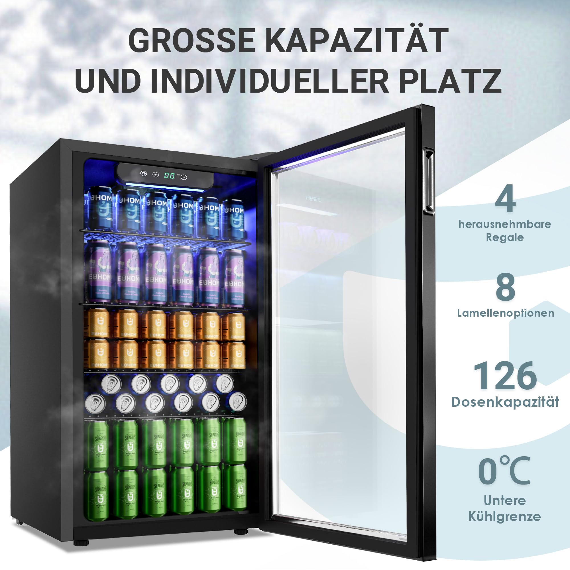 EUHOMY 90L Getränkekühlschrank, Mini-Kühlschrank für 126 Dosen mit Glastür, kleiner Kühlschrank mit verstellbaren Regalen für Limonade, Bier oder Wein, für Zuhause/Bar/Büro, Schwarz Edelstahl 2