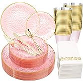Rubtlamp 175 Pcs Pink Plastic Plates Dinnerware Set (25 Guests), Pink Disposable Plates With Gold Rim, Hammered Party Platos Set Include Dinner Plates, Dessert Plates, Cups, Cutlery for Party