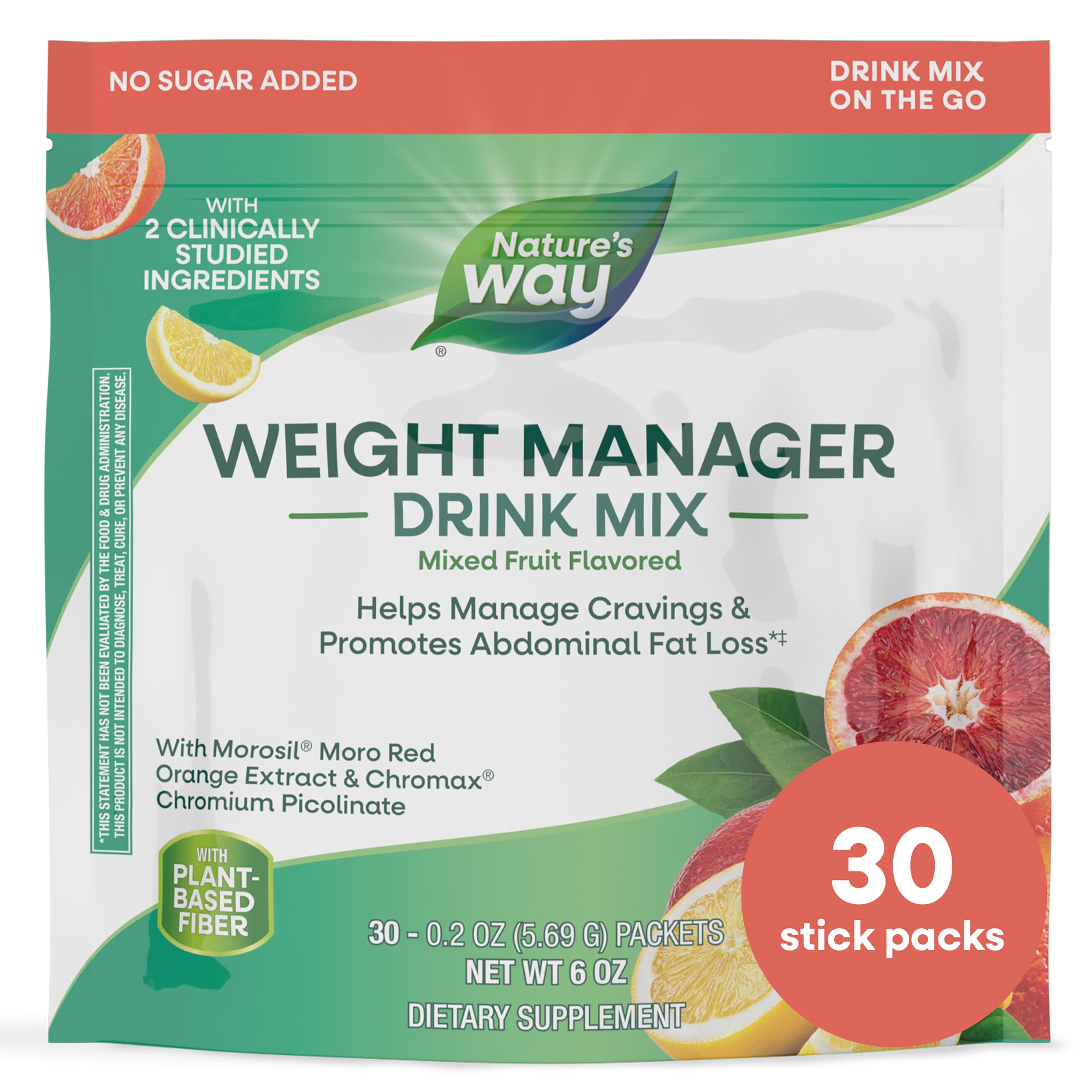 Nature’s Way Weight Manager Drink Mix Packets, Supports Craving Management & Abdominal Fat Loss*(1), with Clinically Studied Ingredients, Plant-Based Fiber, No Sugar, Mixed Fruit Flavored, 30 Packets