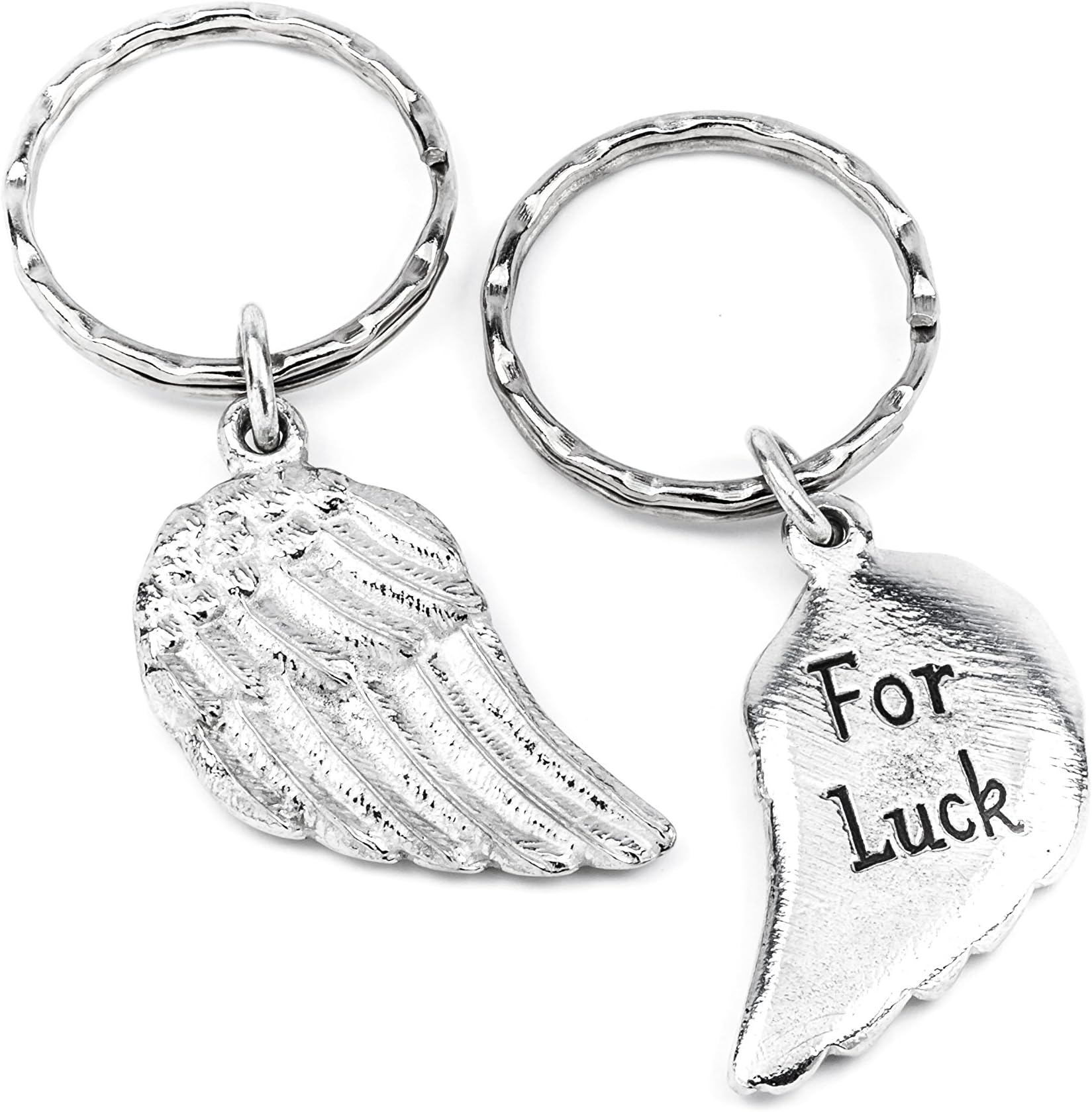 For Luck metal keyring - 'For Luck' message. Handmade pewter keyring, double sided keyring with a detailed feathered effect angel wing on one side and 'For Luck' inscribed on the reverse. Sturdy keyring, handmade in the UK. Packaged in an organza bag.