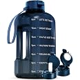 AQUAFIT Half Gallon Water Bottle With Time Marker & 2-in-1 Lid - 64oz BPA-Free Gym Bottle, Midnight Black