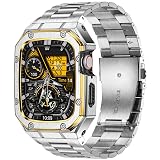 BAITEYOU Stainless Steel Watch Band with Case Compatible with Apple Watch Series 11 10 46mm, Rugged Strap with Metal Protective Bumper Cover for iWatch Bands Men (Silver/Gold)
