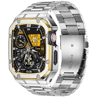 BAITEYOU Stainless Steel Watch Band with Case Compatible with Apple Watch Series 11 10 46mm, Rugged Strap with Metal Protective Bumper Cover for iWatch Bands Men (Silver/Gold)