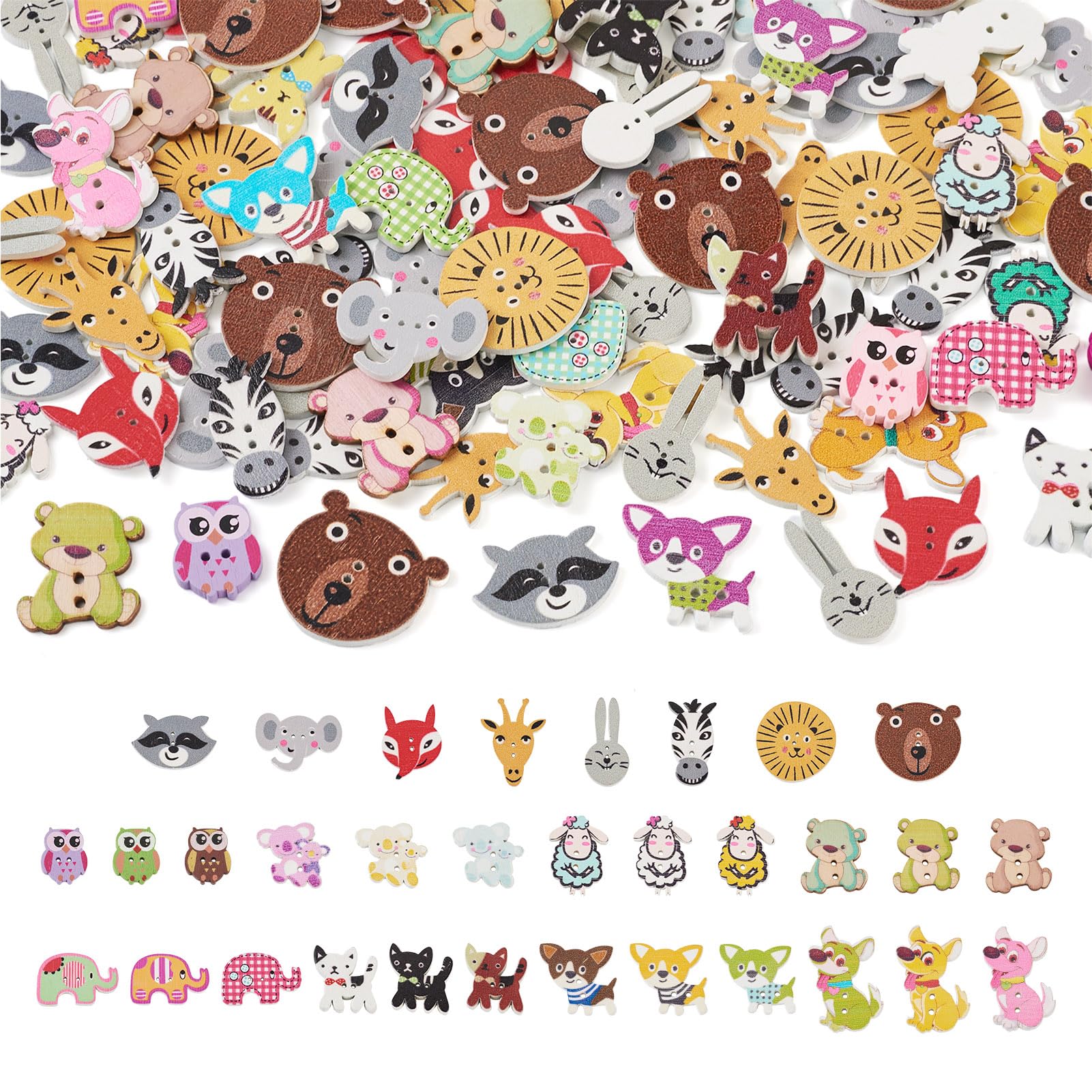 Crafans 130Pcs 9 Styles 2-Hole Wooden Animal Buttons for Crafts & Decor