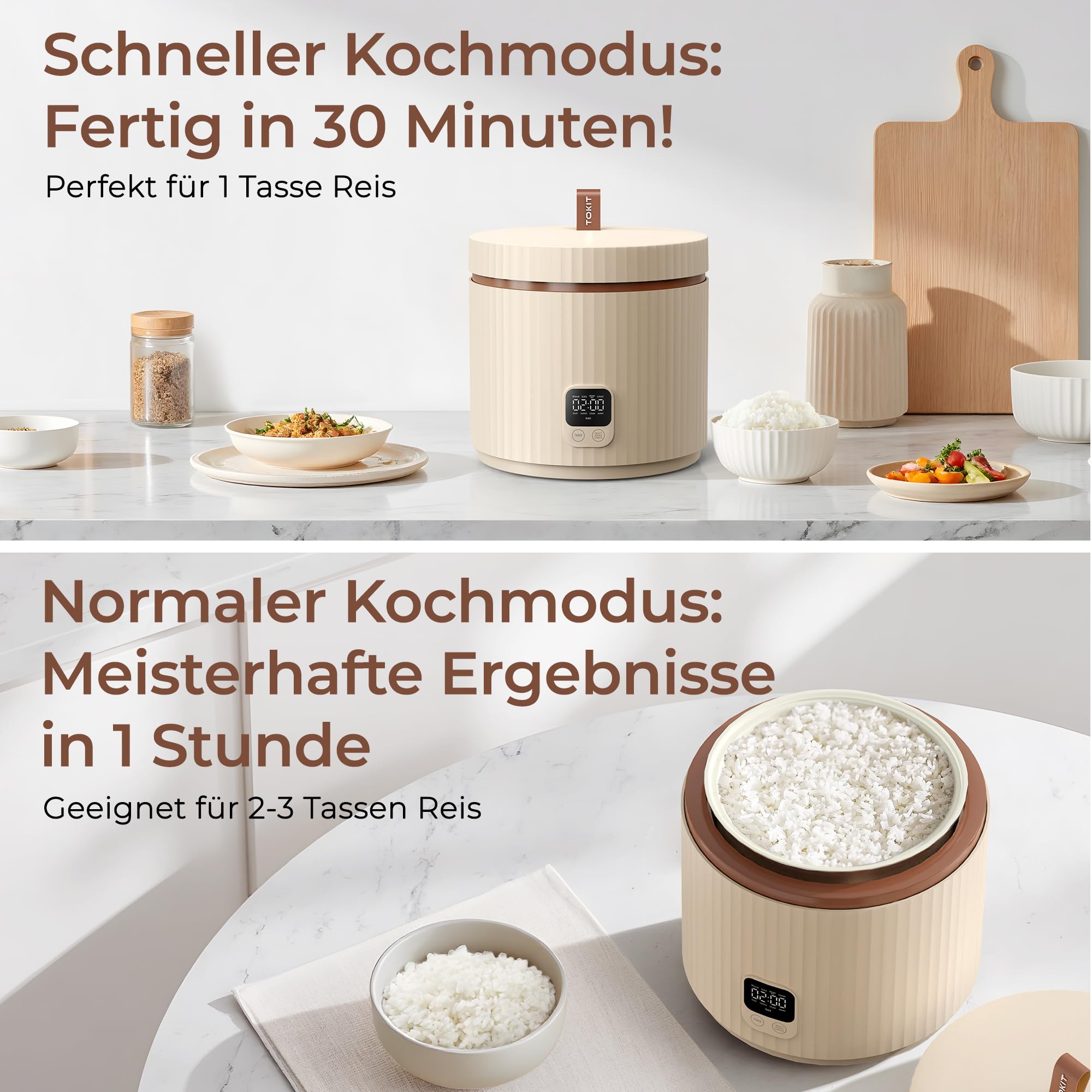 TOKIT Rice Cooker 1.5L Pro Reiskocher Klein Mini aber Multifunktionen mit Display-Touch-Taste für 1-3 Personen Keramisch beschichteter Antihaft-Innenreistopf(Weiß) 6