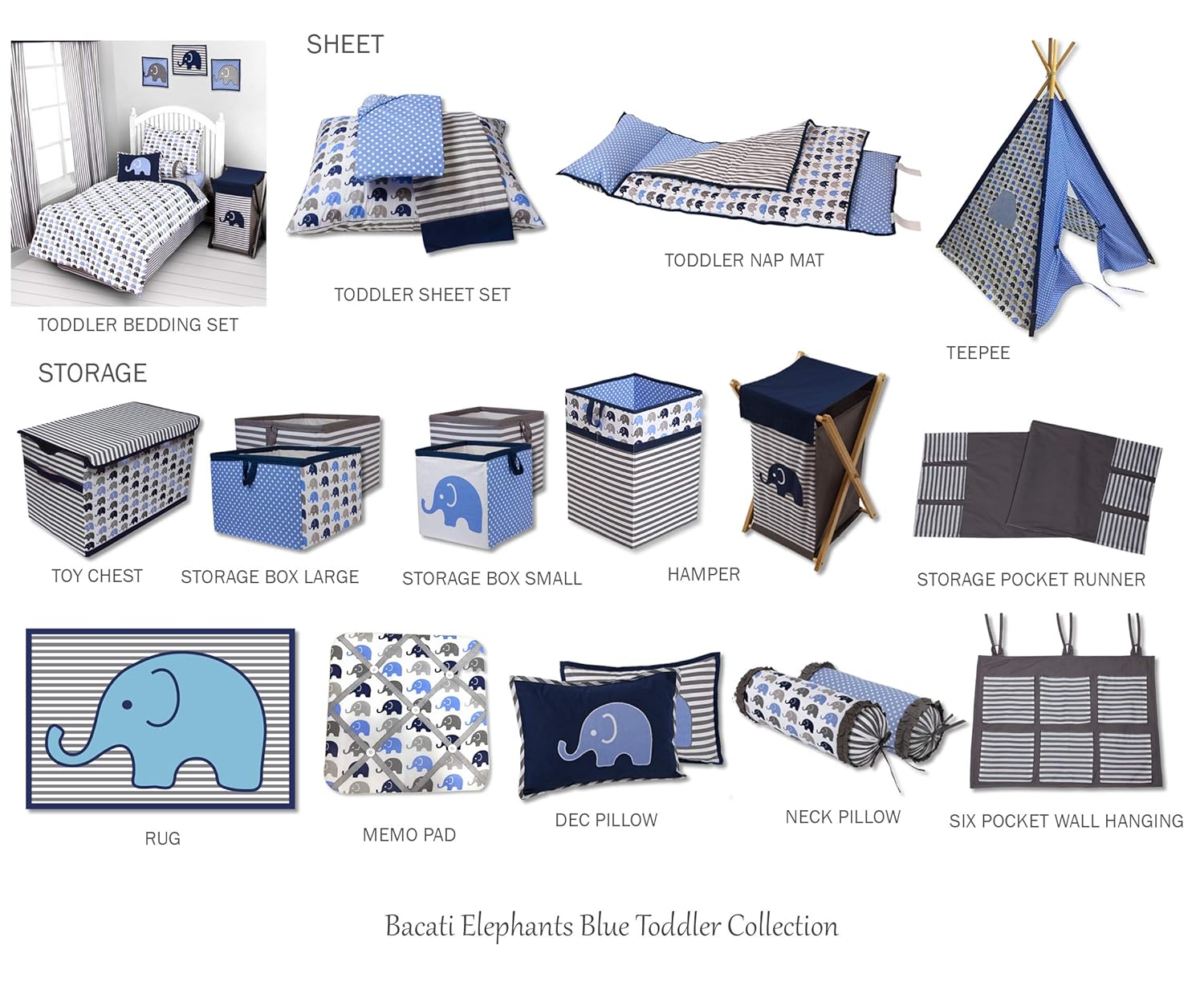 Bacati - Elephants Blue/Grey 10 Pc Boys Crib Baby Bedding Set Including Bumper Pad 100 Percent Cotton. : Baby
