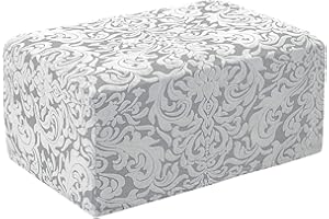 subrtex Ottoman Slipcover Jacquard Damask Oversize Stretch Storage Protector Rectangle Footstool Sofa Slip Cover for Foot Rest Stool Furniture in Living Room (XL, Damask Light Smoky Grey)