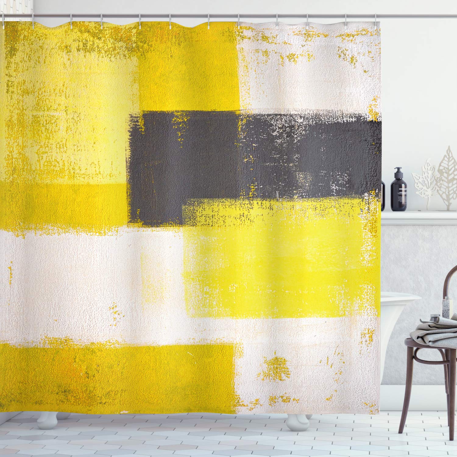 ABAKUHAUS Grey and Yellow Shower Curtain, Abstract Grunge Style Brushstrokes Painting Style, Cloth Fabric Bathroom Decor Set with Hooks, 175 x 240 cm, Gray Yellow — image 1
