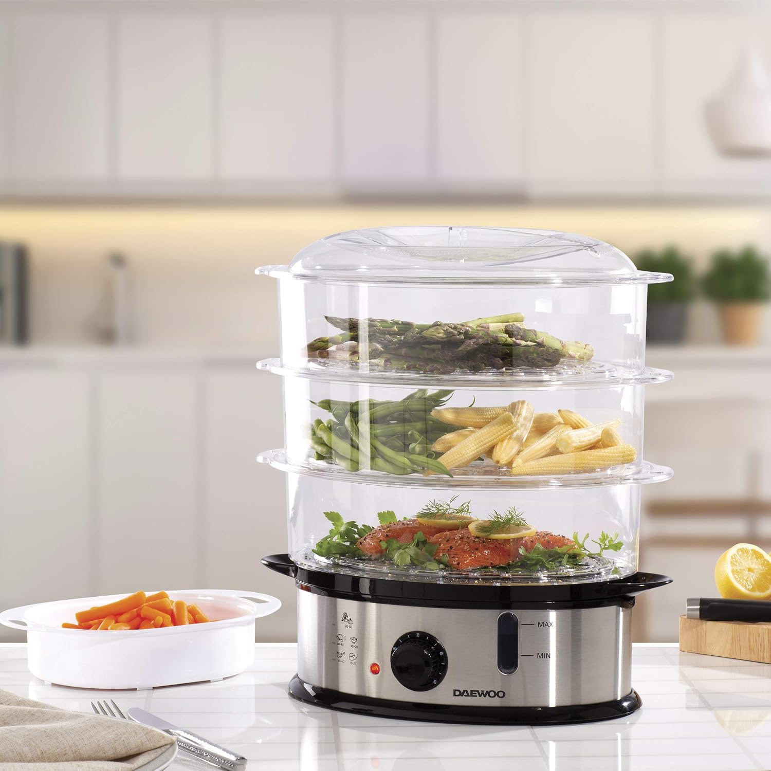 Daewoo 3 Tier Food Steamer, 1200W Electric Steamer with Timer, Rice Bowl & 3 Stackable Baskets, Easy Clean - Image 3