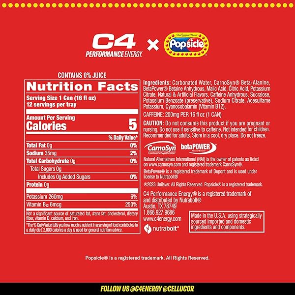 C4 ENERGY DRINK X POPSICLE VARIETY PACK, CARBONATED SUGAR FREE PRE WORKOUT PERFORMANCE DRINK WITH NO ARTIFICIAL COLORS OR DYES, 3 FLAVORS – GRAPE, HAWAIIAN PINEAPPLE, AND CHERRY, 16 OZ, PACK OF 12