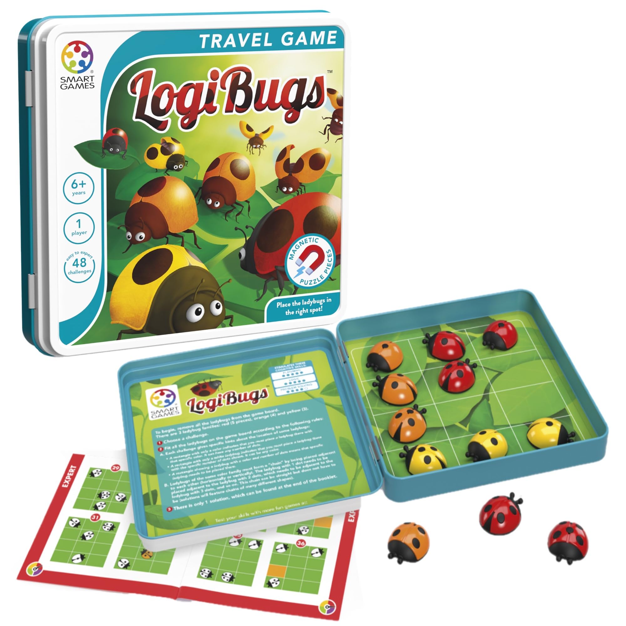 SmartGames - Logibugs, Magnetic Puzzle Game in Tin with 48 Challenges, Ages 6+