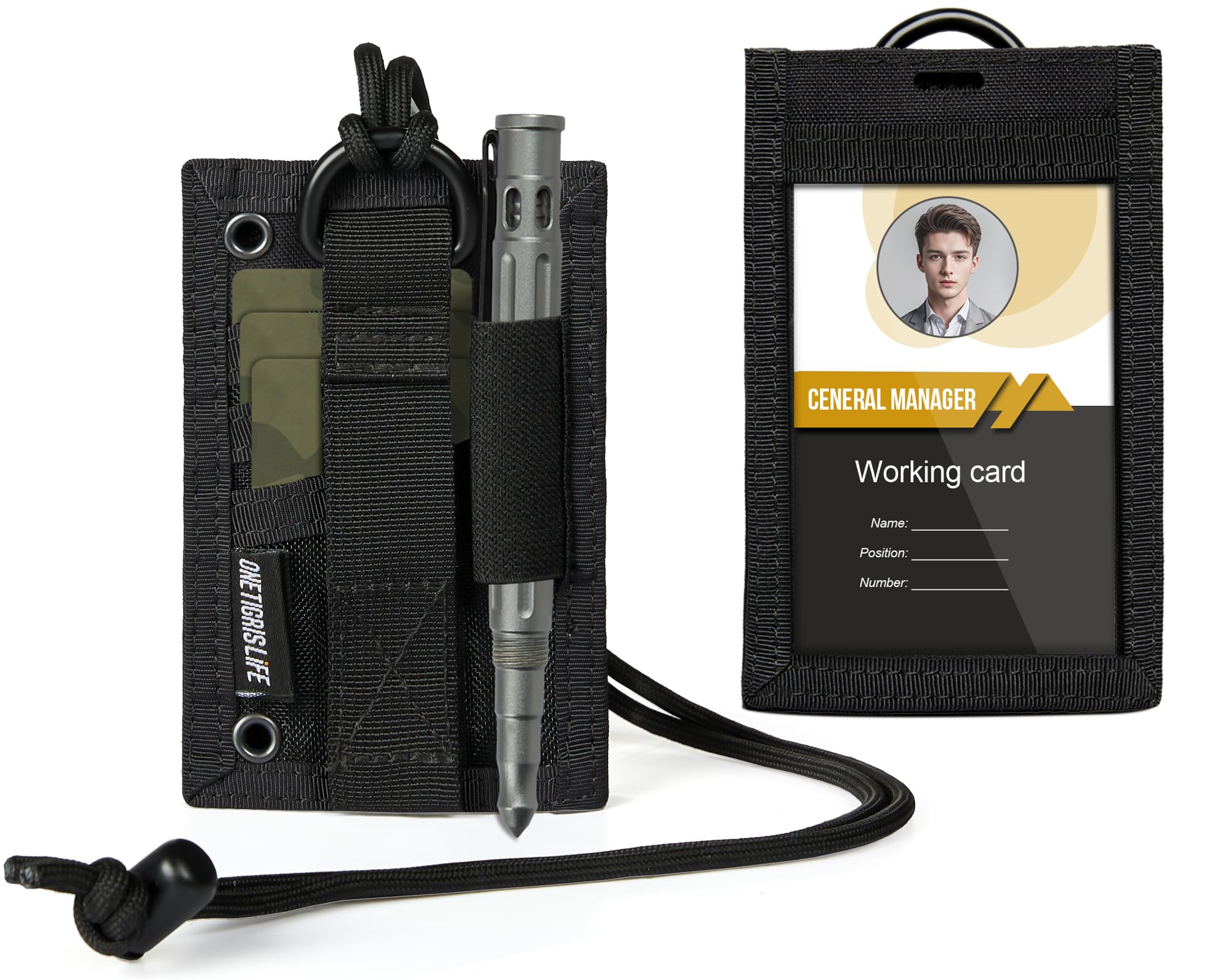 OneTigris ID Card Holder 2‑in‑1 Tactical, MOLLE Compatible 500D Nylon Security Badge Holder with Clear Window, 3 Card Slots & Pen Loop, EDC Organiser for Security Guards, Police, Outdoor