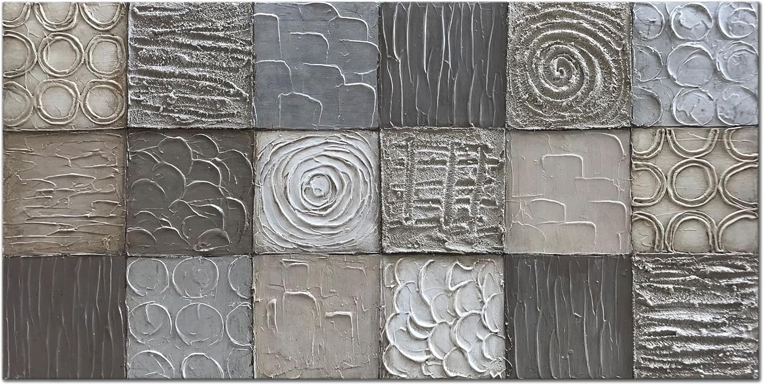 Paintings - Alenoss 100% Handmade Abstract Metal Paintings Canvas Wall Art Unique Thick Texture Rough Surface Modern Oil Painting 48x24 Inches Imitation Old Handicrafts Grey Artwork