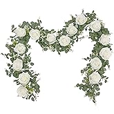 Dolicer 2Pcs 13Ft Artificial Eucalyptus Garlands with Flowers - 8 Roses, Faux Floral Greenery Garlands Fake Flowers Vines for Wedding Table Centerpieces Arch Party Ceremony Backdrop Decor (White)