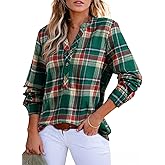Astylish Women's V Neck Plaid Shirts Flannel Casual Blouses Button-Down Business Long Sleeve Boho Tops