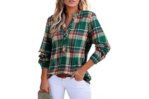 Astylish Women's V Neck Plaid Shirts Flannel Casual Blouses Button-Down Business Boho Tops Long Sleeve 2025 Fall Outfits