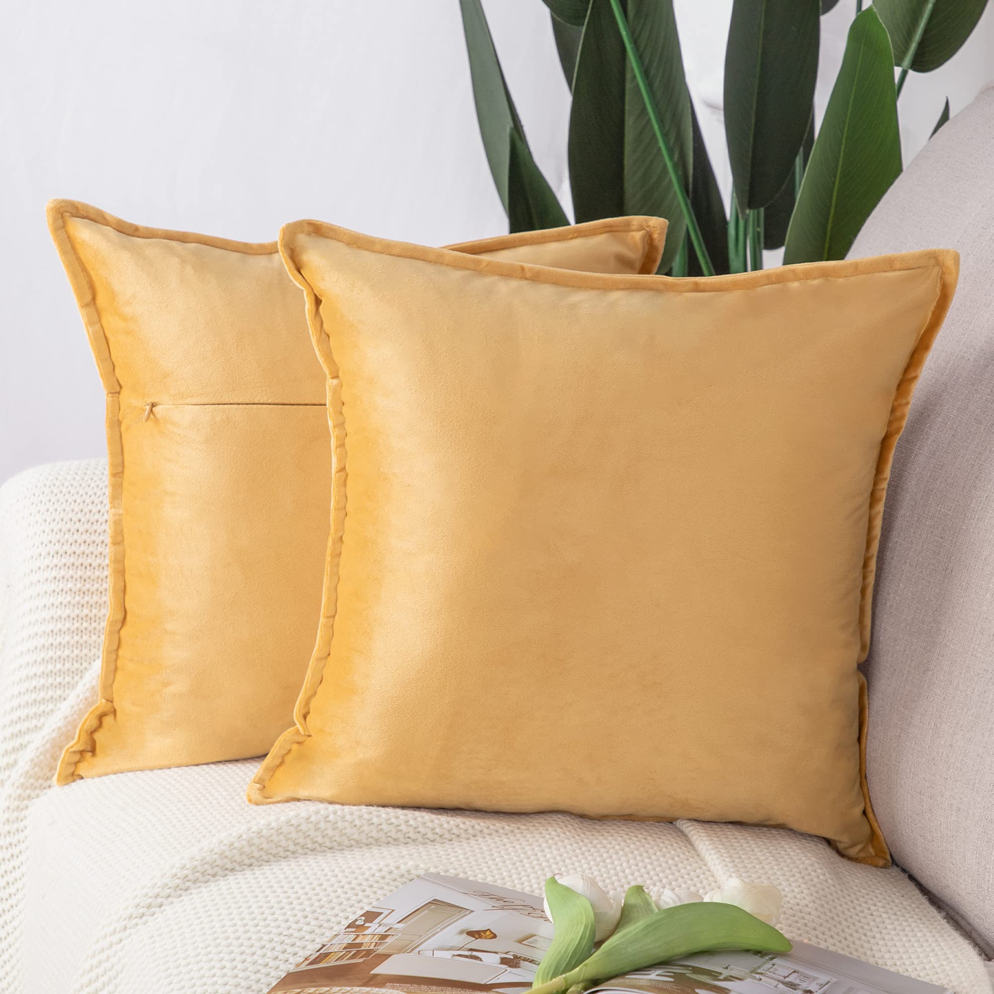 Madizz Pack of 2 Super Soft Velvet Decorative Cushion Covers with Fringe Luxury Style Cushion Case Pillow Shell for Sofa Bedroom Square Gold 20x20 inch, 50x50 cm