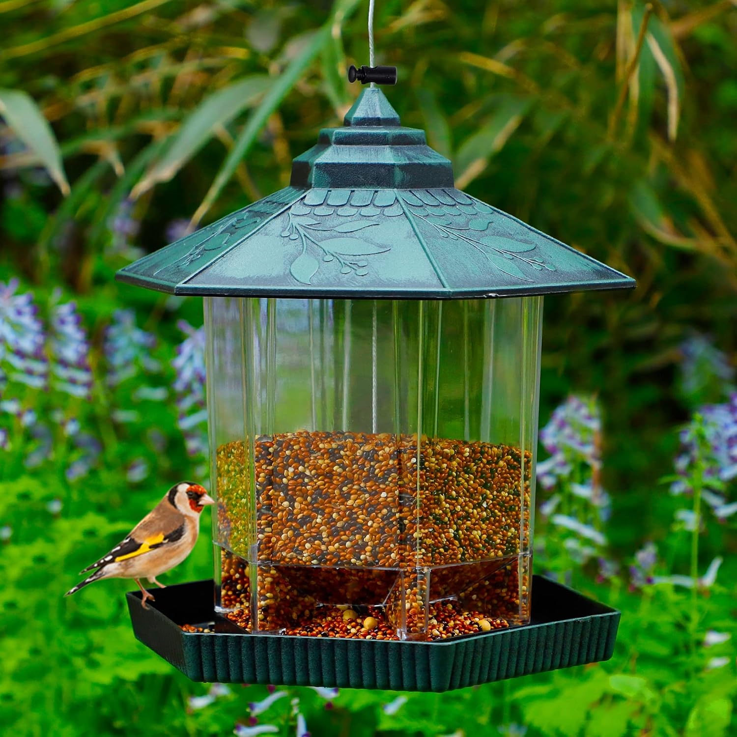 Twinkle Star Wild Bird Feeder, Outdoor Hanging for Garden Yard Decoration, Antique Finish Panorama Gazebo Birdfeeder, Hexagon Shaped with Roof, Green : Garden & Outdoor