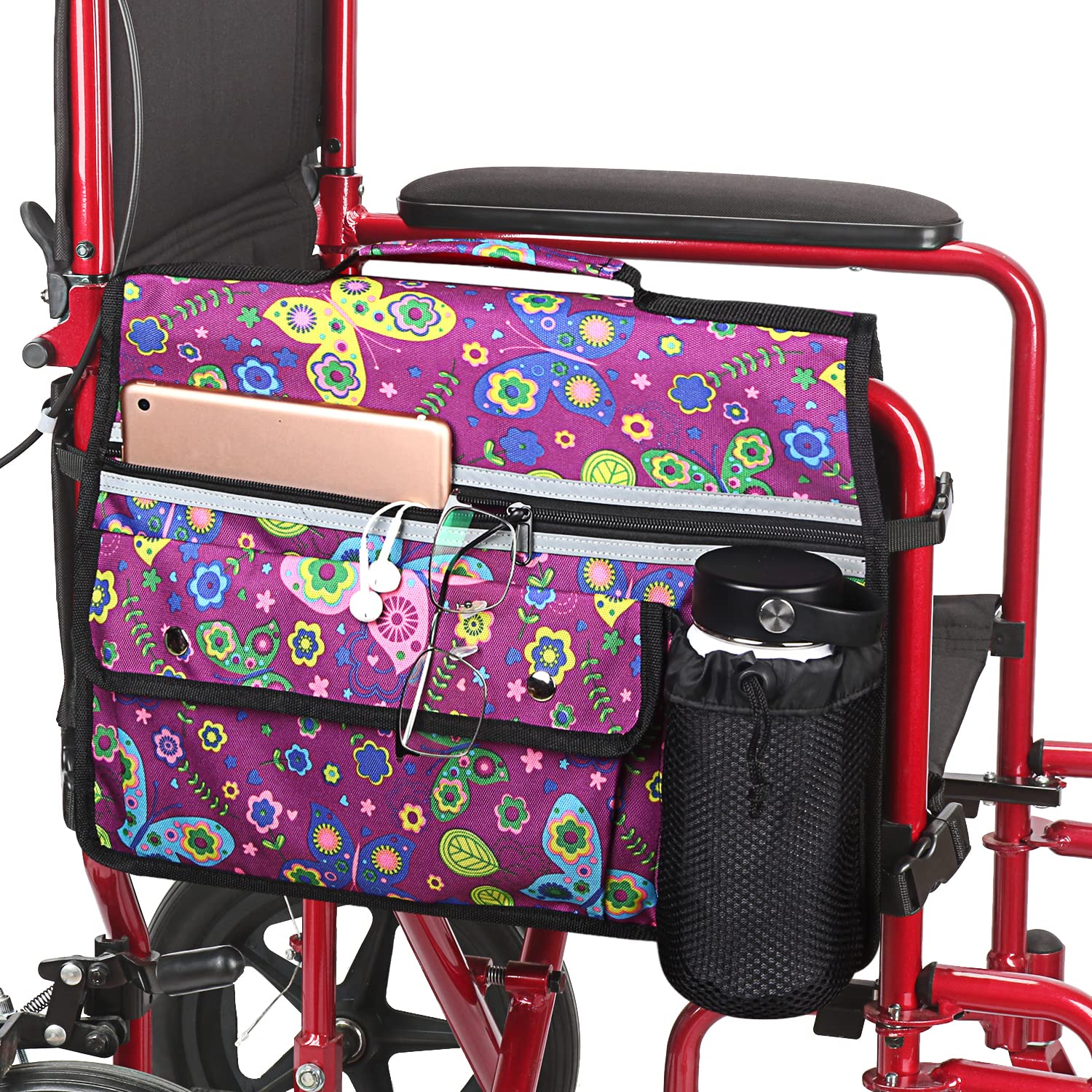 Wheelchair Storage Bag, Double-Sided Armrest Pouch with Cup Holder and Reflective Strip, for Wheelchairs and Walkers (Purple Butterfly)