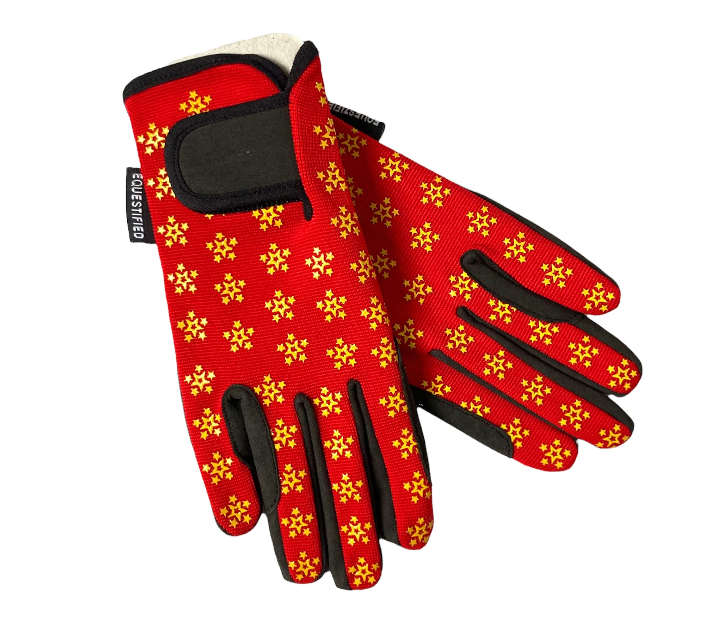 Equestified Youth Equestrian Gloves with STAR Design for Girls & Boys Children Gloves All Weather Outdoor Sports Gloves Horse Riding (6-8 Years, Red)