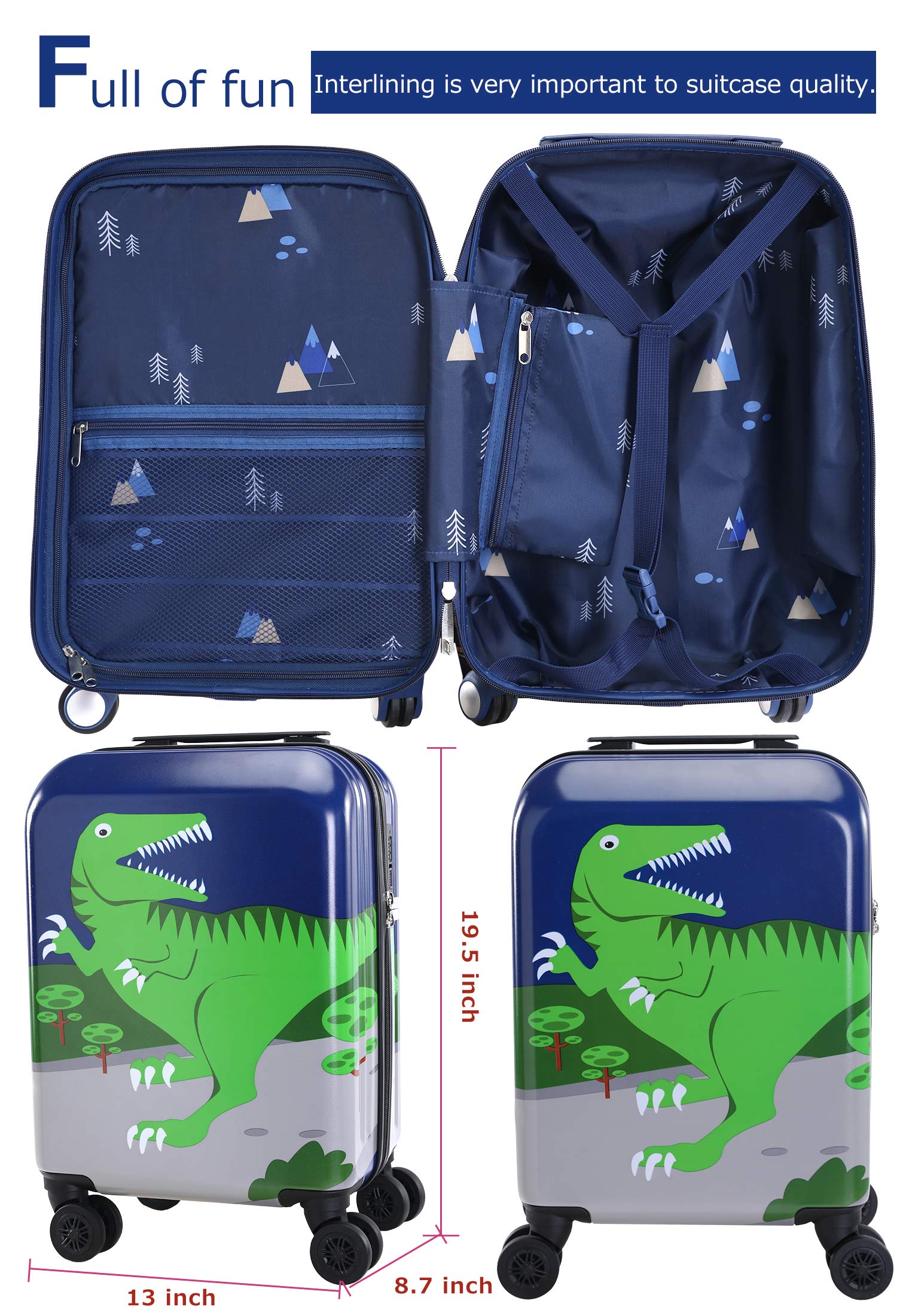 Kids Luggage for Boys Suitcase with Spinner Wheels Carry on Hard Shell Trolley Case Lightweight Travel Toys Gift (GREEN-Dinosaur, 19inch)
