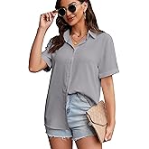 YAMANMAN Women's Button Down Shirt Short Sleeve Collared Shirts Work Office Chiffon Blouse