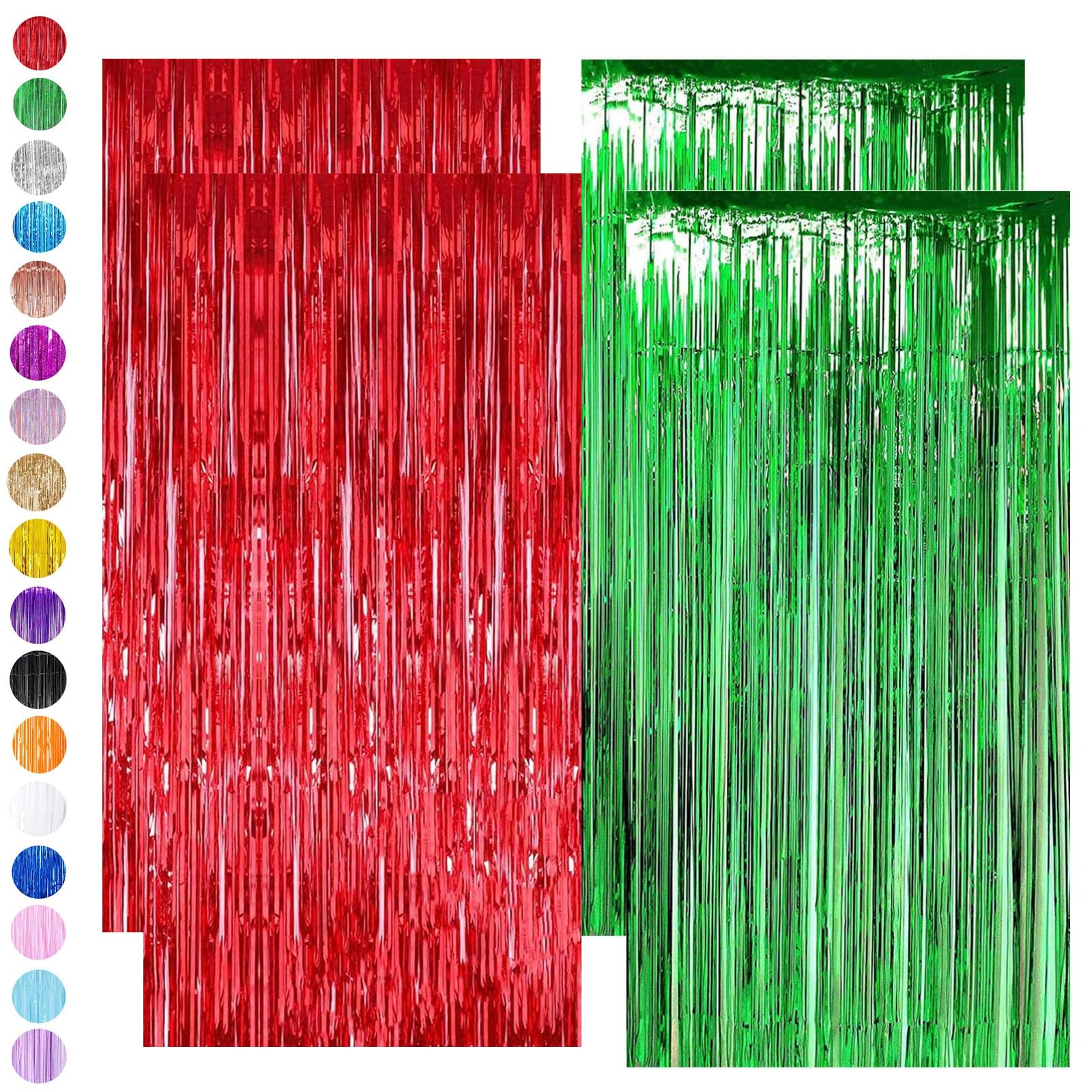 Red Green Tinsel Curtain Party Backdrop Glitter,4P 3.2ft x 6.5ft Laser Foil Curtain Christmas Decorations,Foil Fringe Streamers Metallic Tinsel Door Hanging Foil Flow Silk Streamers for Xmas Party
