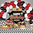 67 Pieces Car Birthday Decorations Happy Birthday Car Backdrop Checkered Flags Balloons Black White Checkered Flag Table Cover for Kids Boys Let's Go Racing Happy Birthday Party Supplies