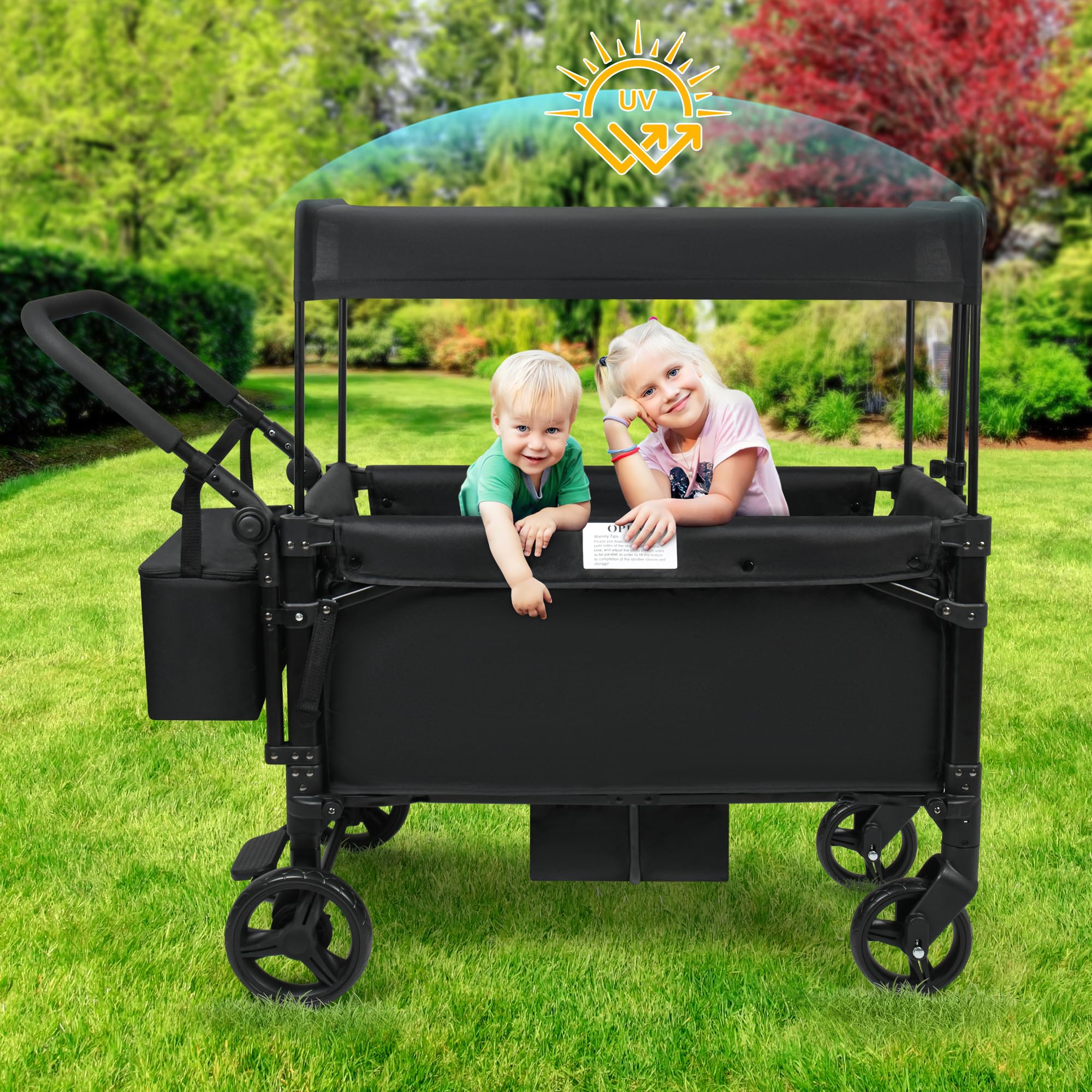 VOOI Stroller Wagon, 2 Seater Kids Wagon, Collapsible with 5-Point Harnesses, Zipper Door, Sun Canopy